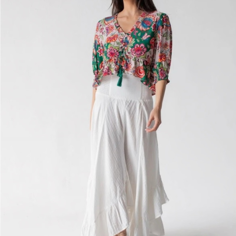 Natural Life Elisa Ruffle Cropped Tassel Tie Top Flung Floral